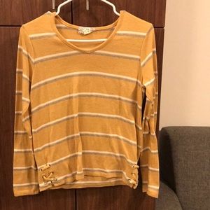 Yellow, grey, and white striped long sleeve shirt